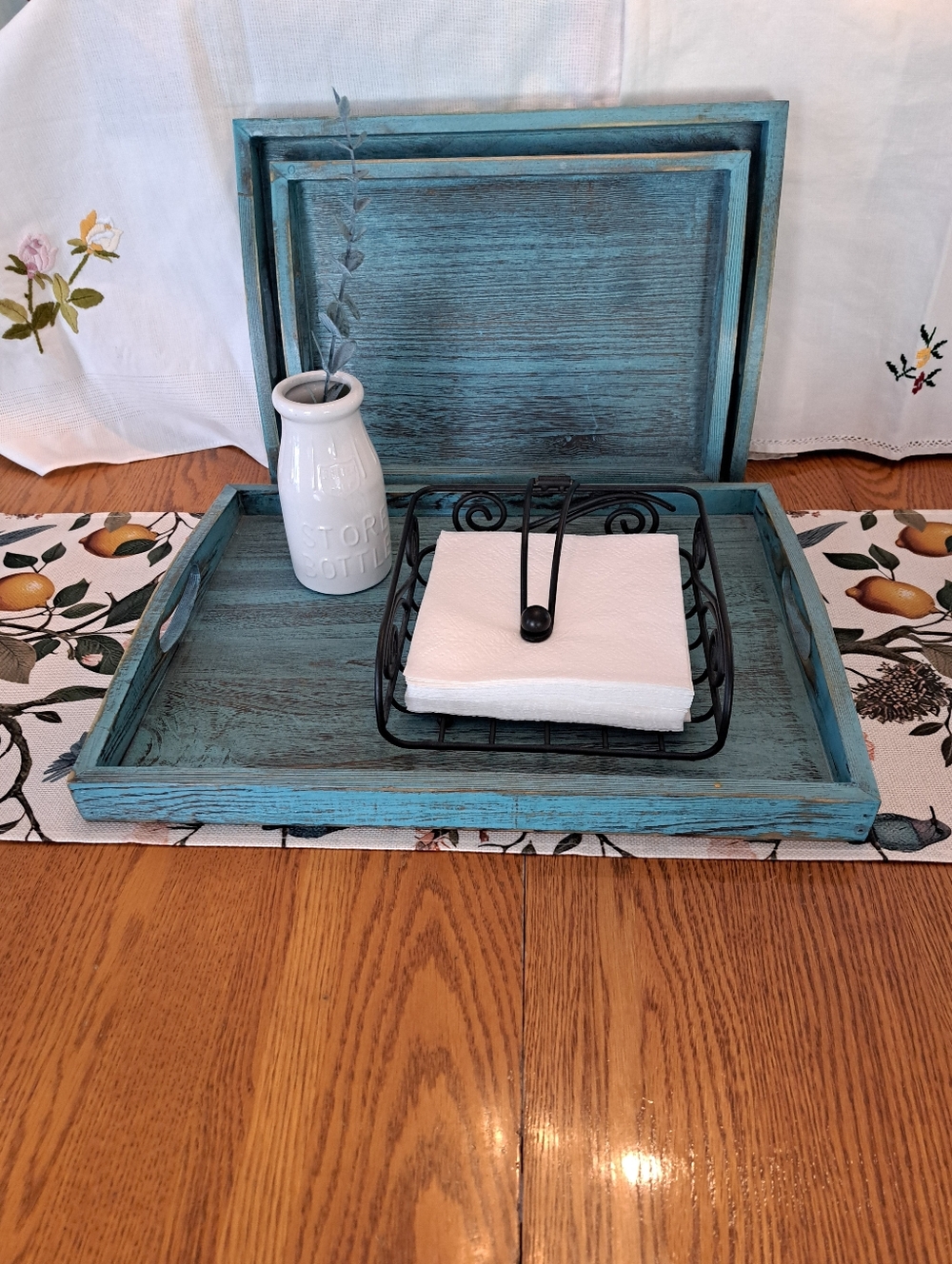 Rustic Teal Wooden Serving Tray Set - Farmhouse Style